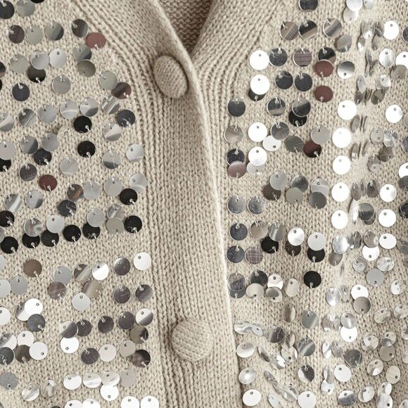 Apricot Elegant Casual Women's V-Neck Sequin Cardigan Sweater - Picture 8 of 9